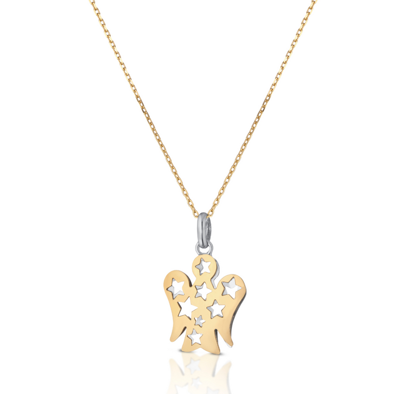 Collana Con Pendente Angelo con Stelle Double Face In Oro Bianco E Giallo